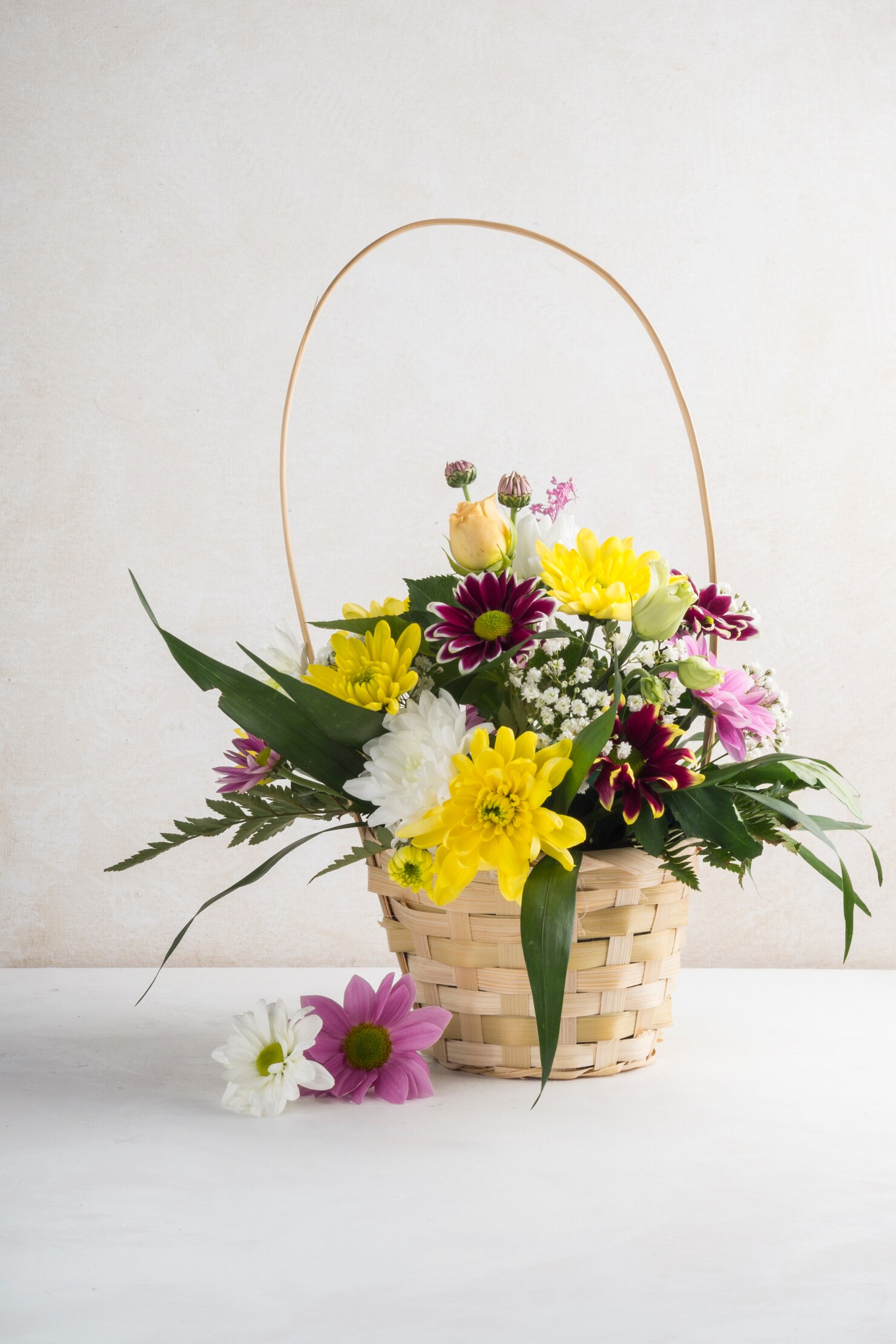 wicker basket with flowers placed desk 23 2148103293